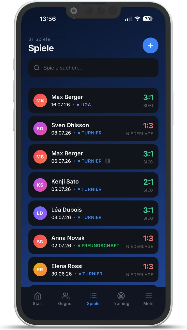 TT Playbook Player — Spieleliste mit allen erfassten Matches, Ergebnis und Kontext